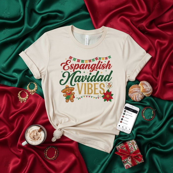 Camiseta Vibras Navideñas Espanglish, Hombre de Jengibre con Sombrero, Camisa Divertida Navidad Español Inglés, Camiseta Fiesta Navideña, Traje de Fiesta Familiar Festivo