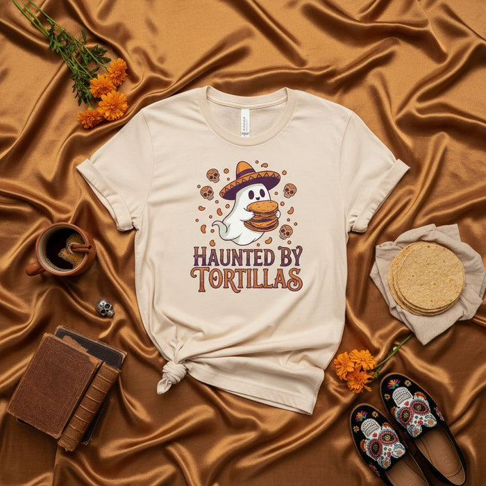 Camicia Fantasma Tormentato dalle Tortillas, Maglietta Divertente di Halloween con Sombrero Taco Fiesta, T-Shirt Calavera Teschi di Zucchero Giorno dei Morti Spettrale Regalo Unisex