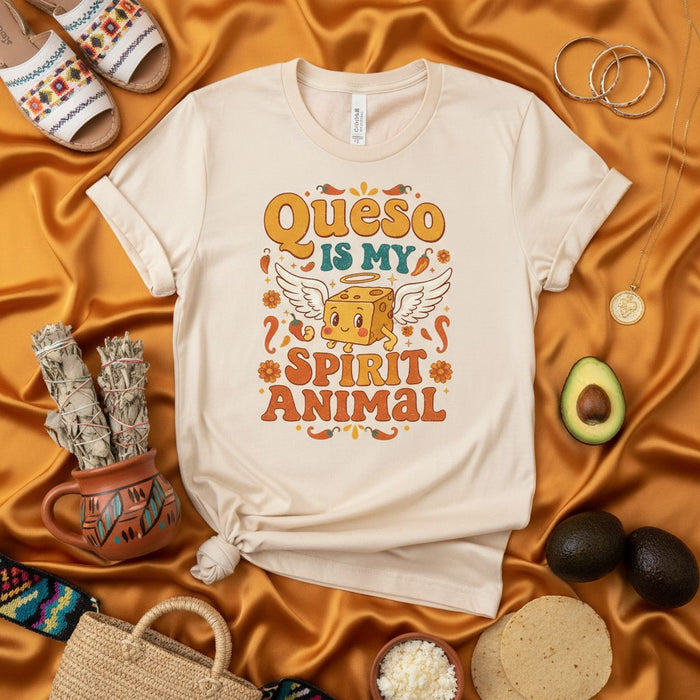 Queso Is My Spirit Animal T-Shirt, Cute Cheesy Food Lover Tee, Retro Funny Mexican Fiesta Style Shirt, Spanish Word Graphic Top, Unisex Apparel Gift