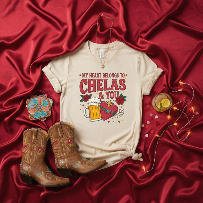 My Heart Belongs To Chelas & You T-Shirt, Funny Valentine's Day Beer Shirt, Cute Mexican Fiesta Love Tee, Cowboys Boots Western Graphic Shirt, Unisex Gift for Him Her, Drinking Couples Shirt