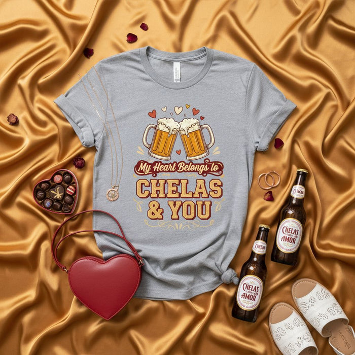 My Heart Belongs to CHELAS & YOU T-Shirt, Funny Beer Lover Shirt, Valentine's Day Gift for Him Her, Spanish Pun Tee, Amigas Chelas Amor Shirt, Beer Drinking Graphic T-Shirt, Couple's Matching Shirt, Unisex Gray Tee, Holiday Gift Idea