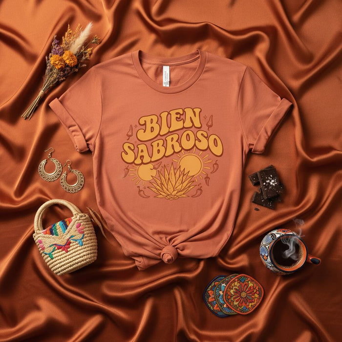 BIEN SABROSO T-Shirt | Retro Agave Sun Chili Pepper Graphic Tee | Unisex Spanish Language Shirt for Fiesta Taco Tuesday Cinco de Mayo Festival