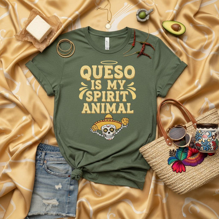 Queso is My Spirit Animal T-Shirt, Funny Cheese Lover Tee, Day of the Dead Sugar Skull, Cinco de Mayo Mexican Food Gift, Unisex Graphic Shirt, Humorous Foodie Apparel, Fiesta Party Top, Cute Skull with Sombrero and Beers
