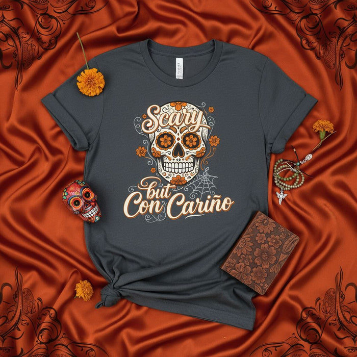 Scary But Con Cariño Sugar Skull T-Shirt, Day of the Dead Shirt, Dia De Muertos, Calavera Tee, Mexican Folk Art, Halloween Costume, Unisex Gift