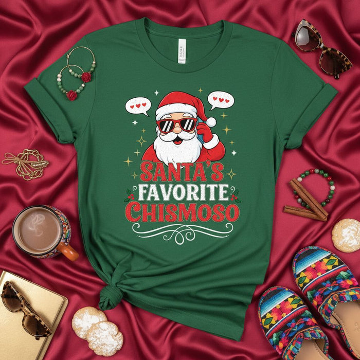 Santa's Favorite Chismoso Unisex Christmas T-Shirt, Funny Holiday Chisme Tee, Mexican Culture Spanglish Santa Shirt, Dark Green Xmas Gift Idea