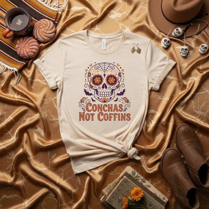 Conchas Not Coffins Sugar Skull T-Shirt, Día de Muertos Calavera Tee, Unisex Day of the Dead Shirt, Traditional Mexican Pan Dulce and Halloween Design, Sweet Bread Lovers Gift Top