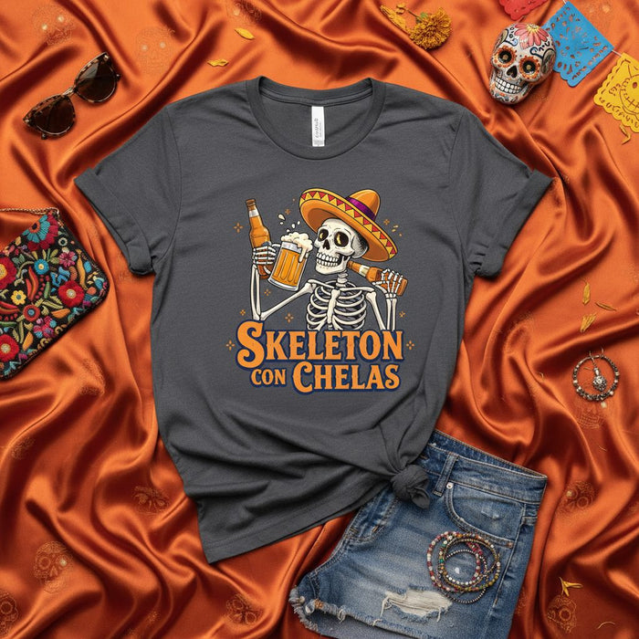 Skeleton con Chelas Day of the Dead Shirt, Funny Drinking Skeleton Sombrero T-Shirt, Dia de los Muertos Beer Lover Gift Tee, Unisex Mexican Fiesta Party Top