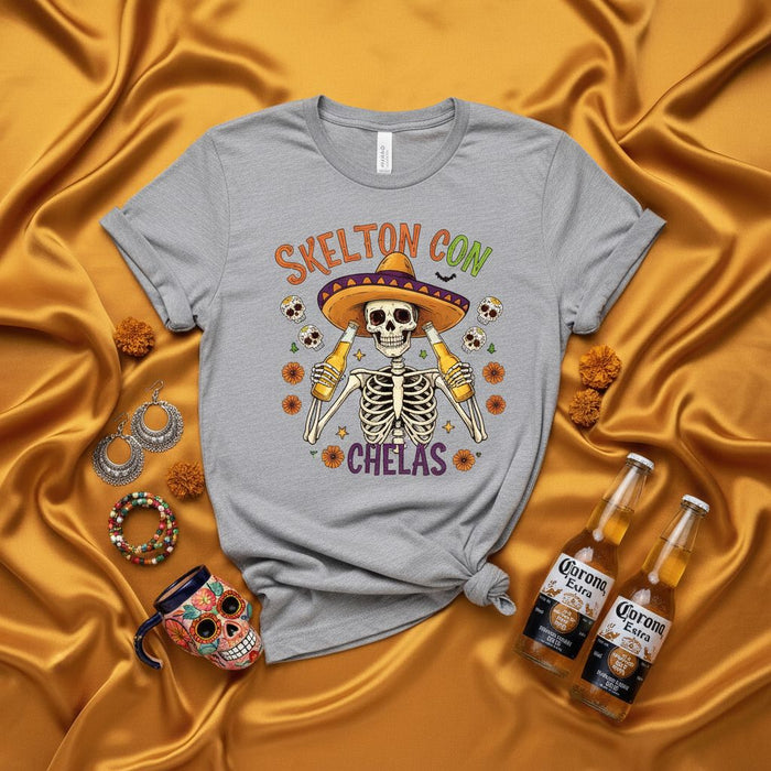 Skelton Con Chelas Day of the Dead Shirt, Funny Skeleton Drinking Beer T-Shirt, Cinco de Mayo Party Tee, Dia de Muertos Sugar Skull Mexican Heritage Unisex Top, Halloween Costume Gift Idea