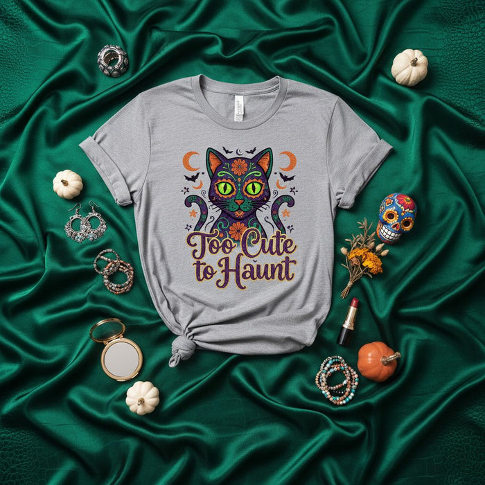 Too Cute to Haunt Day of the Dead Cat Halloween Shirt, Sugar Skull Kitty Unisex T-Shirt, Fall Spooky Season Holiday Graphic Tee, Men's Women's Costume Apparel Gift