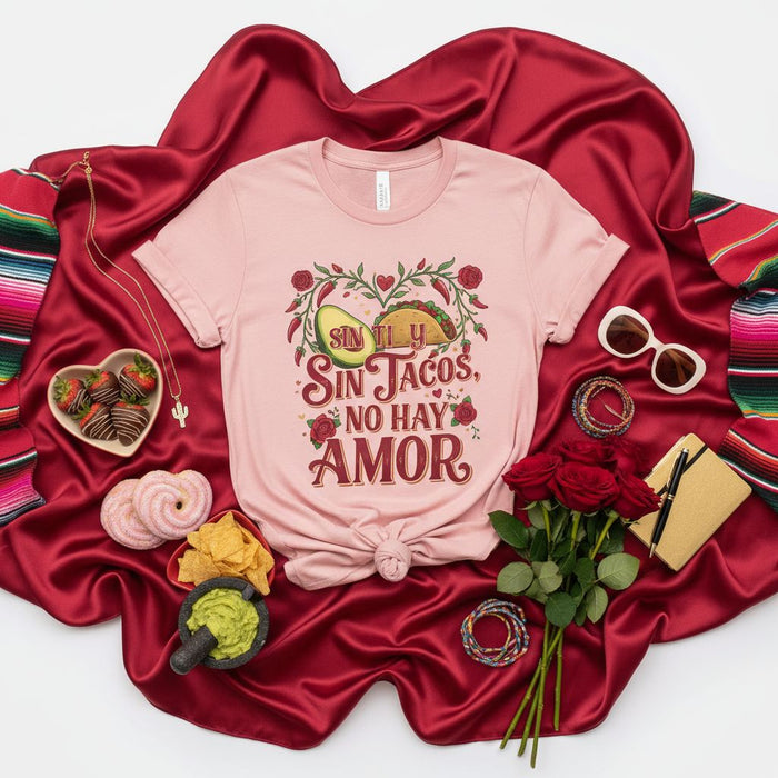 Camicia Senza Tacos Non C'è Amore, Maglietta Divertente Cibo Messicano San Valentino, T-Shirt Grafica Cuore Rose Taco Avocado, Top Unisex Citazione Spagnola Cinco de Mayo, Regalo per Amante dei Tacos