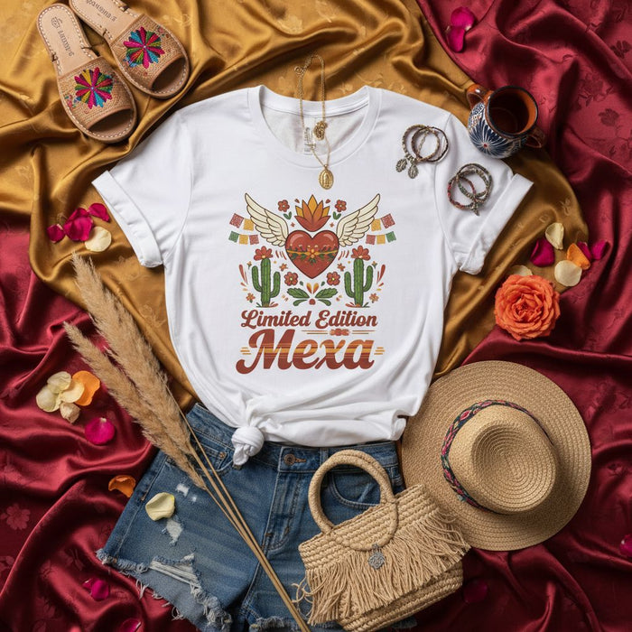 Camiseta blanca Mexa Corazón Sagrado, alas de arte folclórico mexicano, edición limitada
