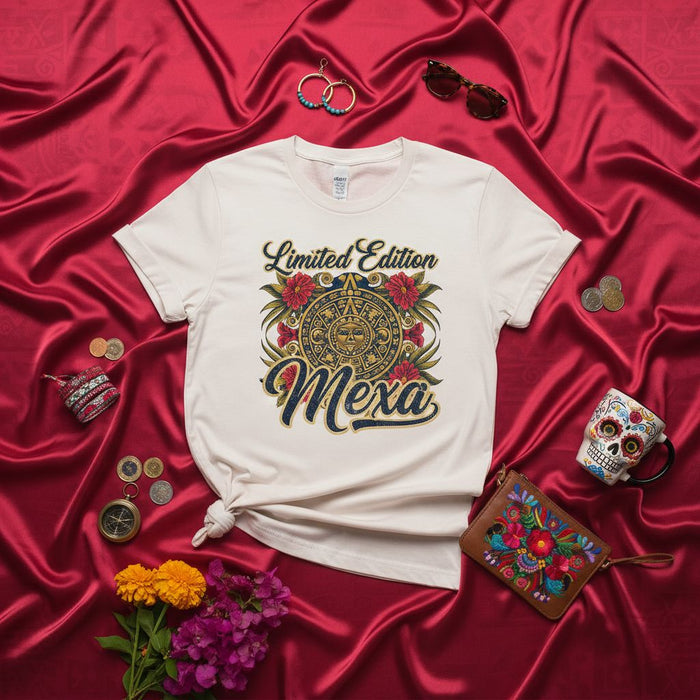 Limited Edition Mexa Aztec Calendar Sun Stone T-Shirt with Flowers, Mexican Culture Heritage Tee, Unisex Graphic Apparel.