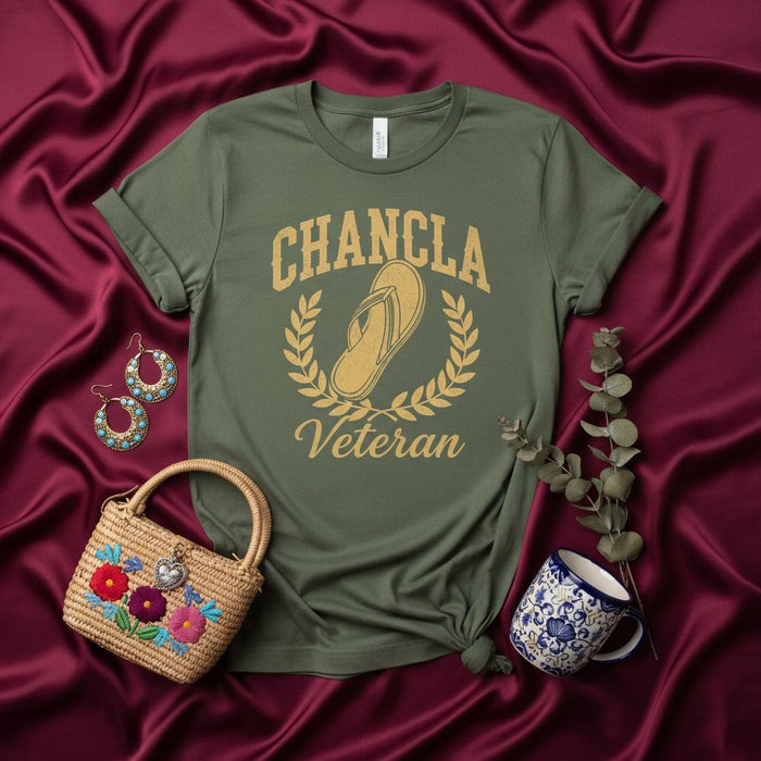 Chancla Veteran T-Shirt | Funny Hispanic Mom Tee | Spanish Flip Flop Spanking Humor Gift | Latina Culture Nostalgia Shirt | Unisex