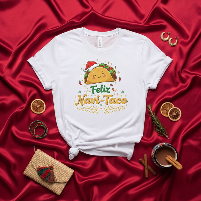Feliz Navi-Taco Christmas Shirt Funny Taco Xmas Pun T-Shirt Holiday Party Gift Tee Unisex Graphic T-Shirt Festive Mexican Food Lover Apparel