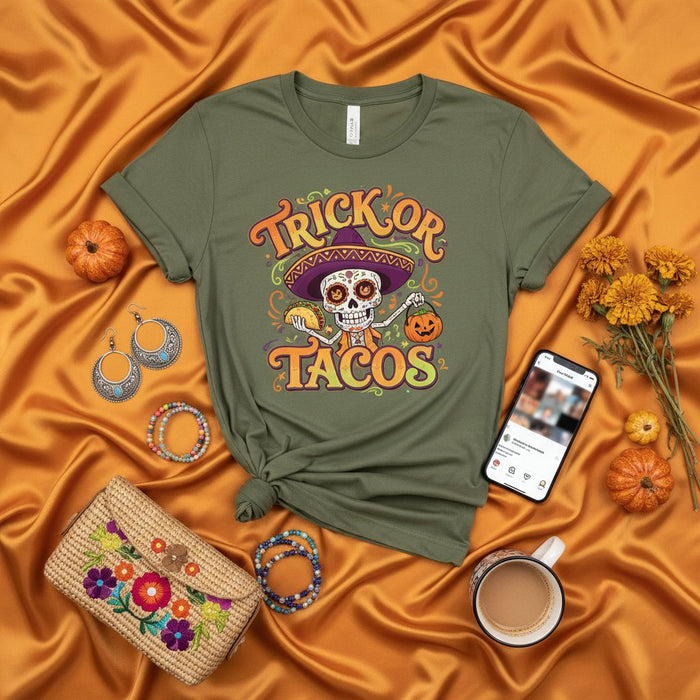 Trick or Tacos Shirt, Funny Halloween Sugar Skull Day of the Dead Costume Tee, Spooky Skeleton Eating Taco & Holding Pumpkin Graphic Unisex T-Shirt