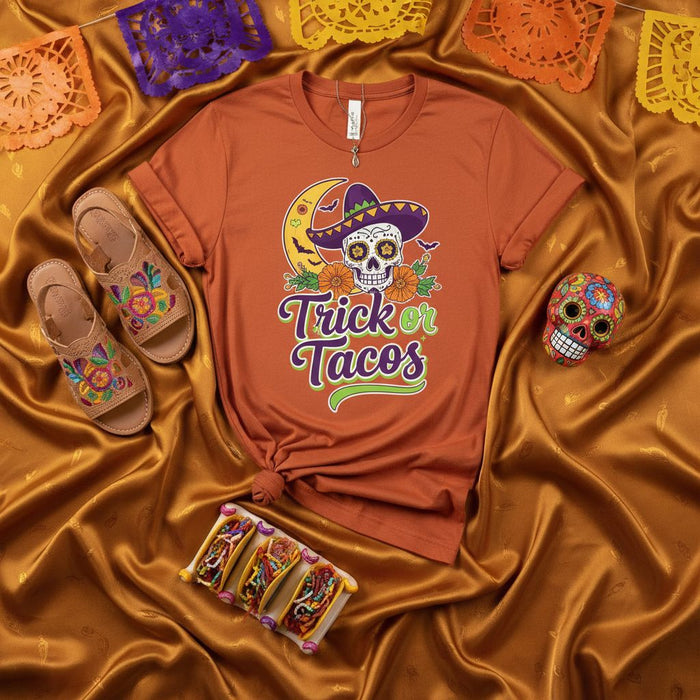 Trick or Tacos Shirt, Dia de Muertos Sugar Skull Halloween T-Shirt, Funny Cinco de Mayo Mexican Fiesta Theme Tee, Unisex Fall Holiday Apparel