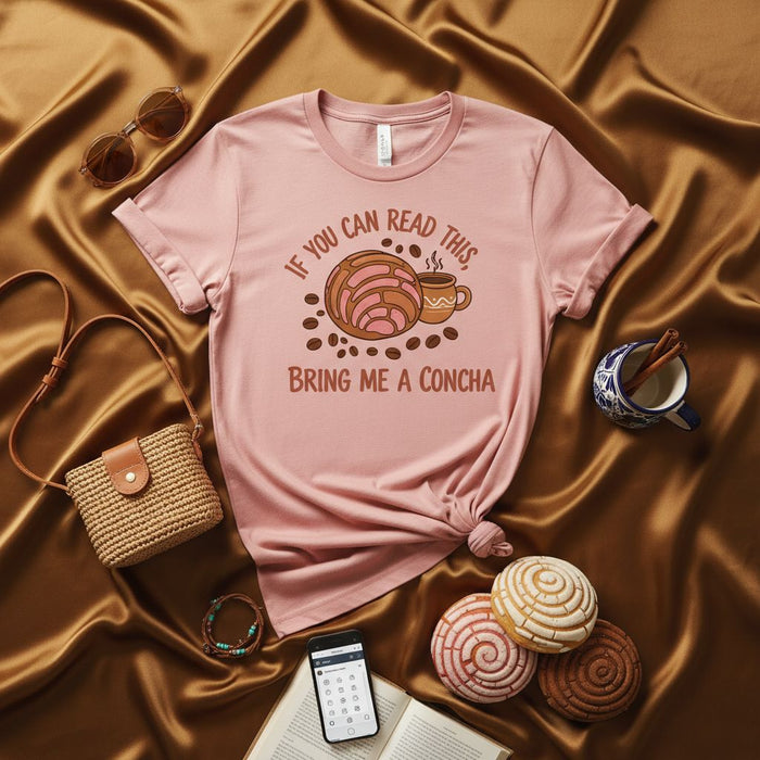 If You Can Read This Bring Me a Concha Shirt, Funny Mexican Sweet Bread Tee, Pan Dulce Lover Gift, Pastel Pink Unisex T-Shirt with Coffee and Conchas Graphic