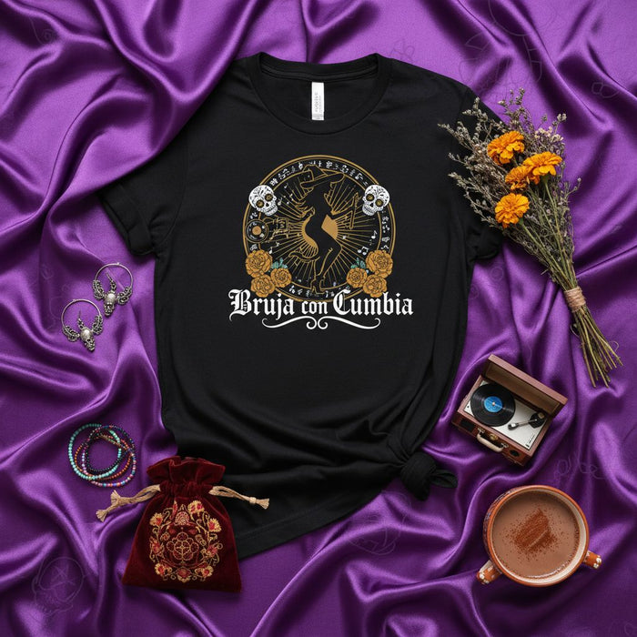 Bruja con Cumbia T-Shirt, Cumbia Witch Tee, Latina Halloween Shirt, Day of the Dead Skulls and Roses Graphic T-shirt, Hispanic Dancing Apparel, Mystical Folkloric Design