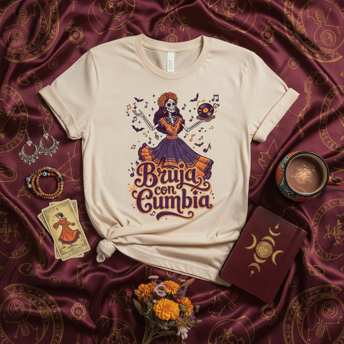 Bruja con Cumbia Dancing Skeleton Dia de Muertos T-Shirt, Sugar Skull DJ Woman, Halloween Latin Music Fiesta Shirt, Folklorico Dancer Tee, Day of the Dead Shirt