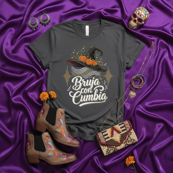 Bruja con Cumbia T-Shirt, Witch Hat Orange Roses Musical Notes Design, Funny Spanish Halloween Costume Tee, Latina Cumbia Music Lover Shirt, Unisex Graphic T-Shirt Gift Idea