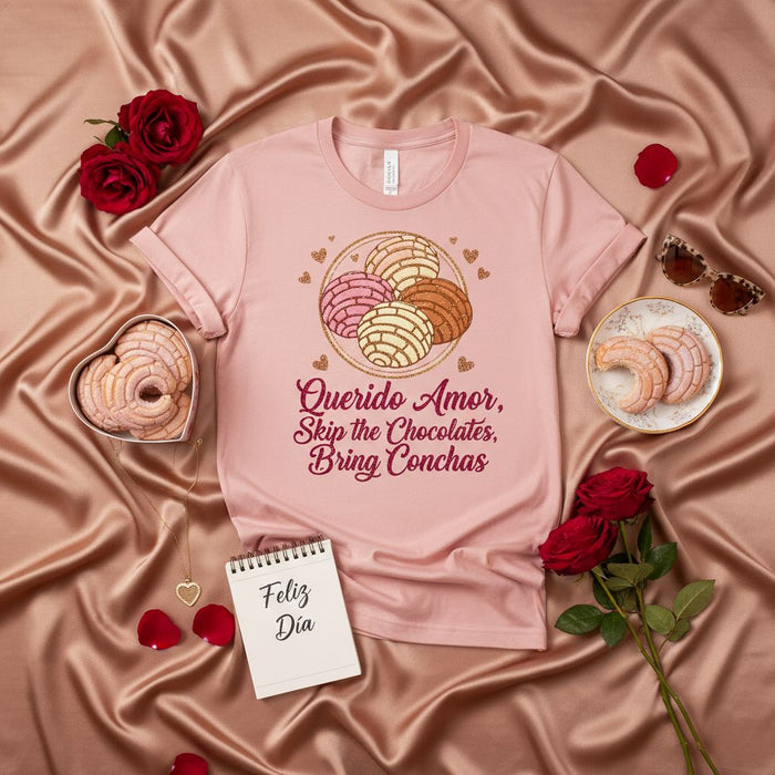 Querido Amor, Skip the Chocolates, Bring Conchas T-Shirt, Funny Valentine's Day Shirt, Concha Lover Gift, Mexican Sweet Bread Tee, Pink Shirt for Her, Hispanic Culture Apparel, Día del Amor y la Amistad.