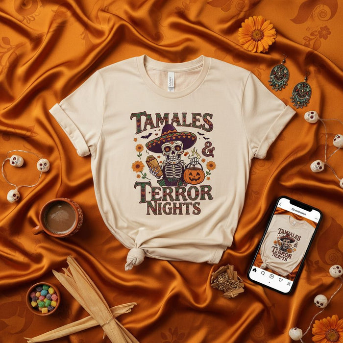 Tamales & Terror Nights Spooky Skeleton Halloween T-Shirt, Day of the Dead Calavera Sombrero Tee, Funny Fall Holiday Shirt for Tamale Lovers