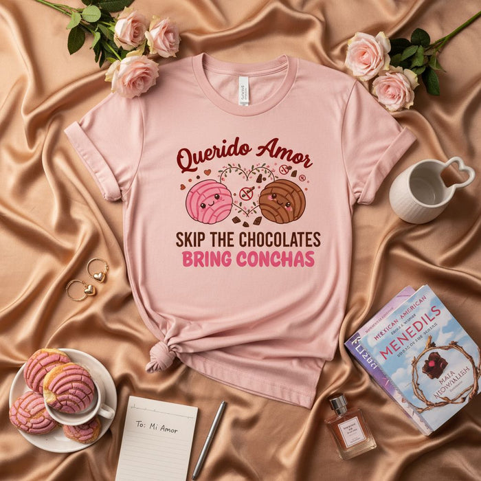 Querido Amor Salta i Cioccolatini Porta Conchas T-Shirt, Simpatica Maglietta Messicana Pan Dulce, Maglia San Valentino, Regalo Amanti Pane Concha, Maglietta Rosa Unisex