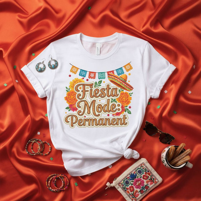 Fiesta Mode Permanent T-Shirt, Cinco de Mayo Party Shirt, Funny Mexican Culture Sombrero Marigold Garland Tee, Unisex Festival Celebration Gift