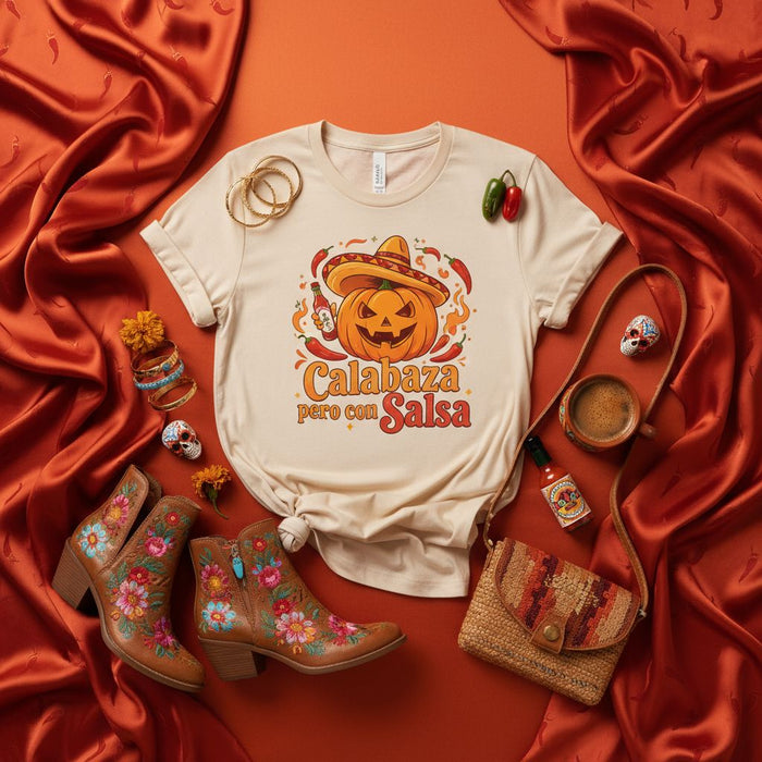 Calabaza Pero Con Salsa Halloween T-Shirt, Spicy Pumpkin with Sombrero Tee, Funny Fall Spooky Season Graphic Shirt, Cinco De Mayo Style Unisex Apparel, Mexican Fiesta Hot Sauce Design.