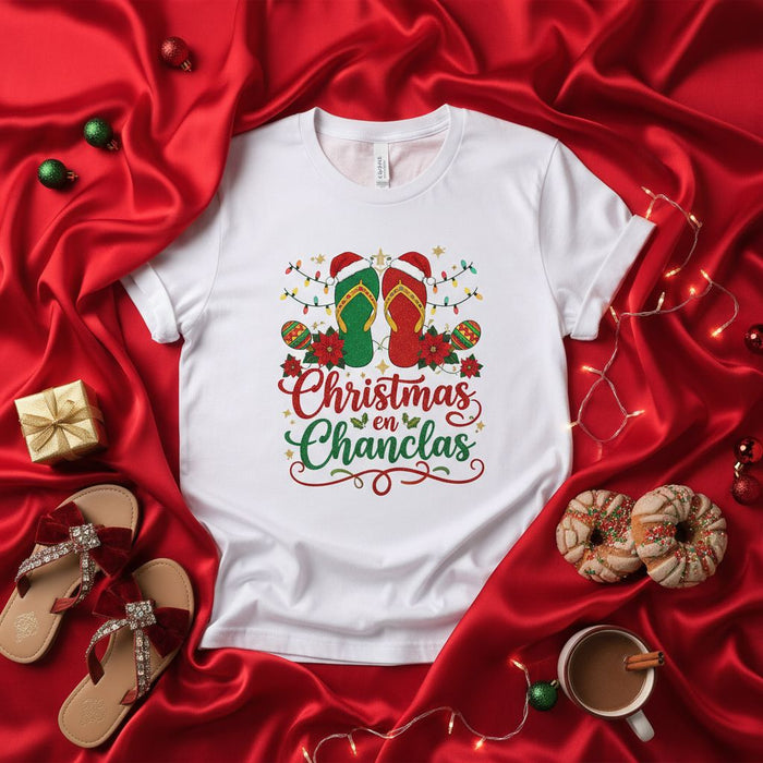Christmas en Chanclas Shirt, Tropical Flip Flop Holiday Tee, Spanish Christmas T-Shirt, Navidades en Chanclas Gift, Navidad Latina Shirt, Funny Winter Vacation Shirt, Warm Weather Christmas Shirt, Beach Christmas Gift for Her Him