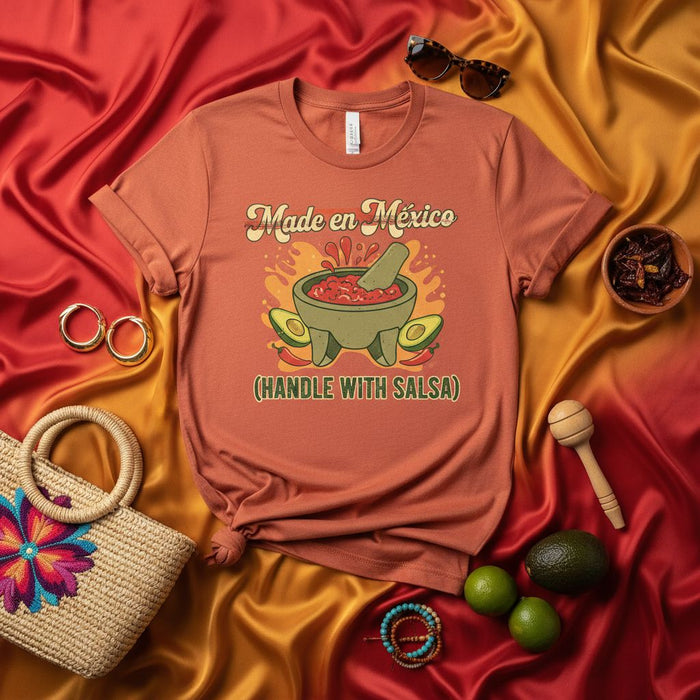 Made en México (Handle With Salsa) T-Shirt, Molcajete Salsa Guacamole Tee, Mexican Food Lover Gift, Vintage Retro Style Graphic Unisex Shirt