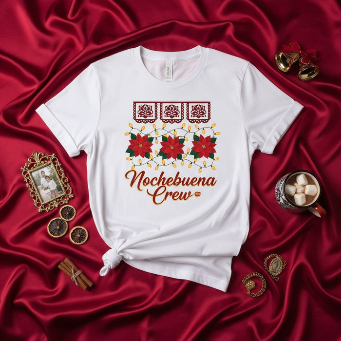 Nochebuena Crew Christmas Poinsettia Shirt, Holiday Family Matching Mexican Fiesta Posada T-Shirt, Papel Picado Christmas Lights Xmas Tee for Men and Women