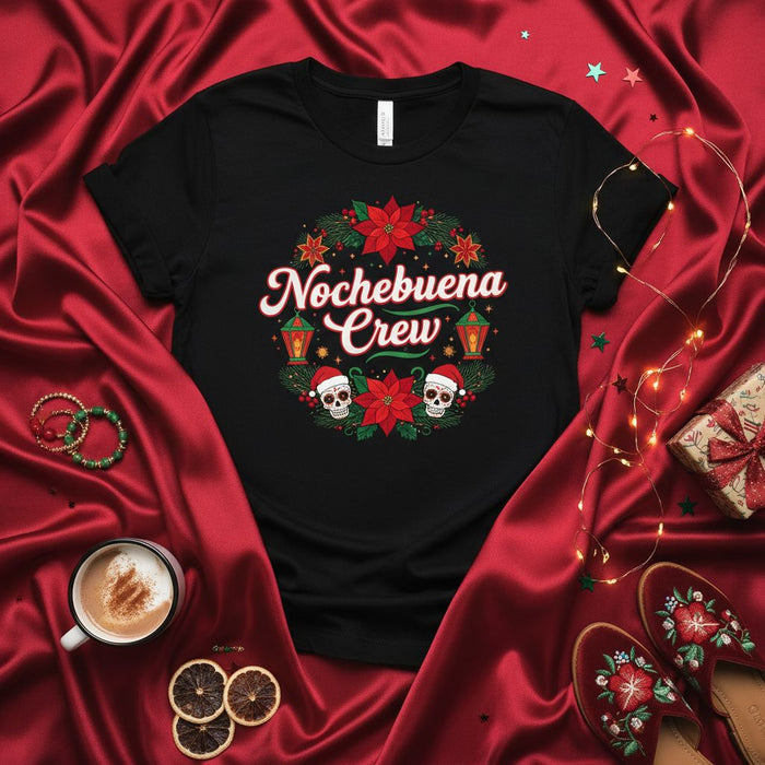 Maglietta Nochebuena Crew Calavera Natale, Maglia Fiesta Posada con Poinsettia e Teschi, Maglietta Coordinata Famiglia Vigilia di Natale, Regalo Cultura Ispanica