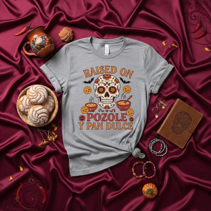 Raised on Pozole y Pan Dulce Day of the Dead Sugar Skull T-Shirt, Unisex Dia de Muertos Foodie Tee, Calavera & Mexican Sweet Bread Shirt Gift Idea