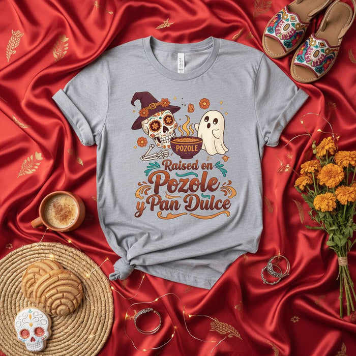 Raised on Pozole y Pan Dulce Day of the Dead Sugar Skull Ghost Halloween T-Shirt, Unisex Dia de los Muertos Mexican Food Tee, Calavera Pozole Pan Dulce Shirt