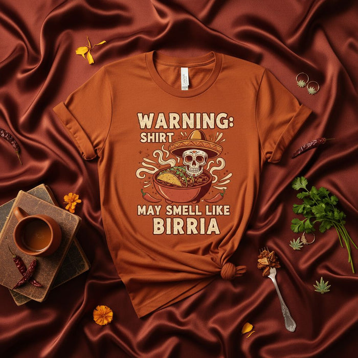 Advertencia: la camiseta podría oler a birria. Camiseta divertida de comida mexicana, diseño gráfico de calavera con sombrero y taco, regalo para amante de la birria, camiseta unisex de manga corta