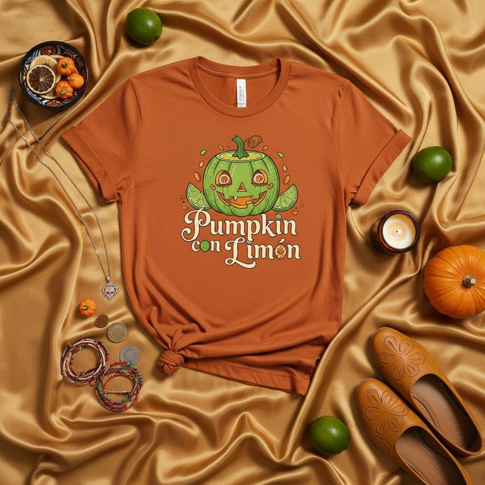Pumpkin con Limón Spanglish Funny Halloween T-Shirt, Orange Unisex Shirt with Green Jack-o'-Lantern with Limes, Spooky Cute Fall Holiday Tee, Mexican Culture Inspired Graphic Top for Men and Women