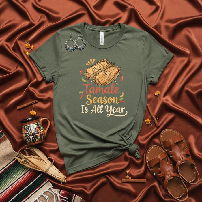Tamale Season Is All Year, Funny Tamale Lover T-Shirt, Mexican Foodie Tee, Hispanic Culture Shirt, Corn Husks Design, Unisex Gift for Food Lovers