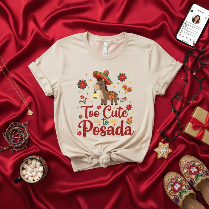 Too Cute to Posada Shirt, Cute Donkey in Sombrero Tee, Funny Mexican Holiday Christmas Party T-Shirt, Posadas Navideñas Festive Family Matching Top