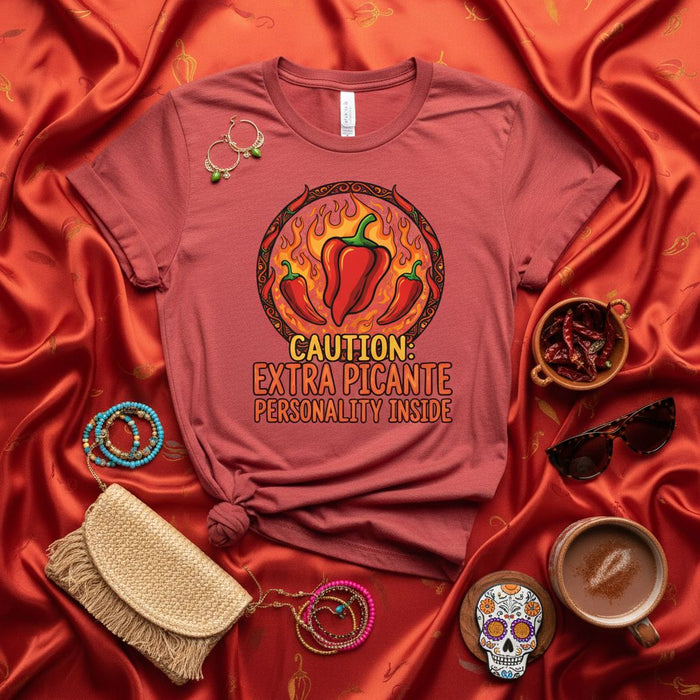CAUTION: EXTRA PICANTE PERSONALITY INSIDE Graphic Tee for Men & Women, Spicy Chili Pepper T-Shirt, Hot Sauce Lover Gift, Unisex Funny Food Humor Shirt, Cinco de Mayo, Dia de Muertos Apparel