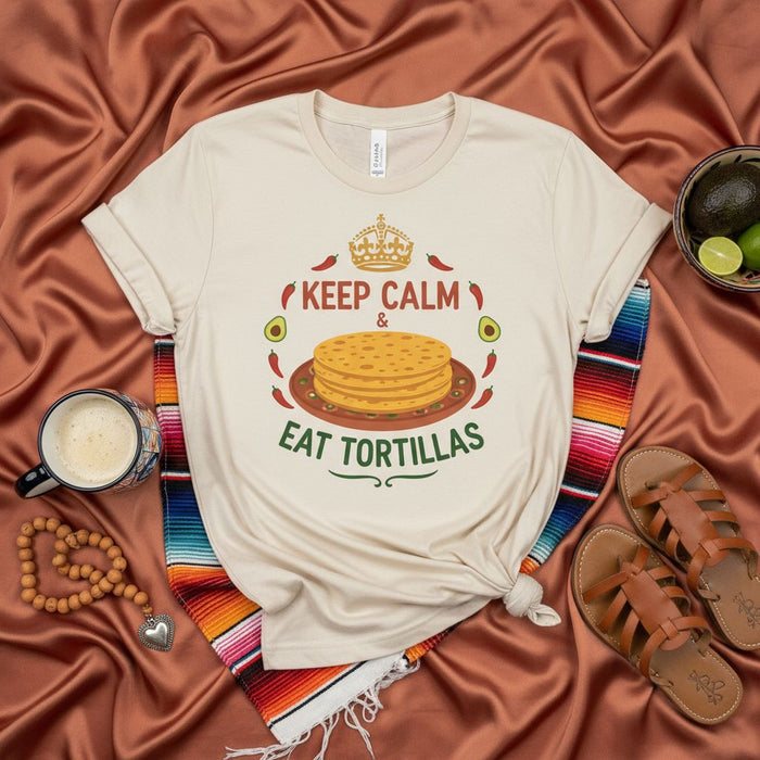 Keep Calm and Eat Tortillas T-Shirt, Funny Mexican Food Graphic Tee, Cinco de Mayo Apparel, Fiesta Shirt, Avocado Chili Pepper Crown Design, Unisex T-shirt Gift Idea