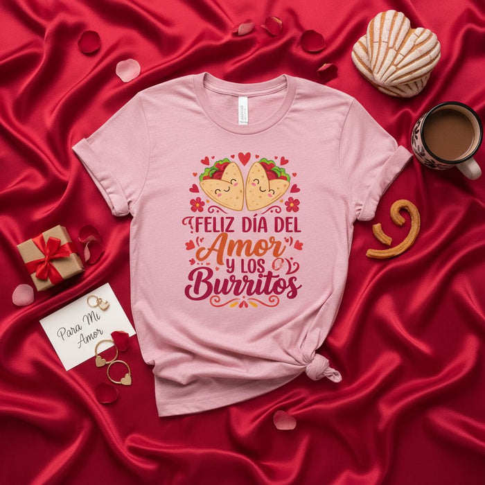 Feliz Día del Amor y los Burritos T-Shirt, Valentine's Day Burrito Lover Shirt, Funny Spanish Valentine Tee, Foodie Couple Gift, Cute Taco Graphic T-shirt for Him Her