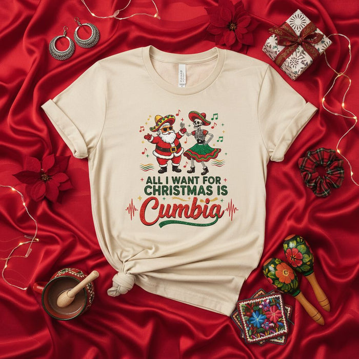 T-shirt Tutto Quello Che Voglio per Natale è Cumbia, Maglietta con Babbo Natale e La Calavera Danzanti, Camicia Musicale Festa Messicana, Divertente Regalo di Abbigliamento Fiesta Natalizio