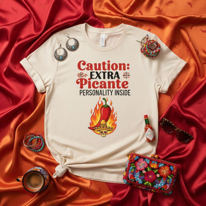 Caution: Extra Picante Personality Inside T-Shirt | Spicy Chili Pepper Skull Sombrero Hispanic Heritage Month Gift | Funny Mexican Food Lover Shirt