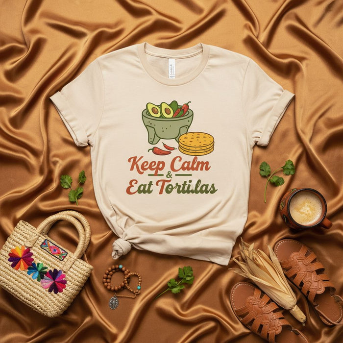 Mantieni la calma e mangia tortillas Maglietta, Maglietta divertente per amanti del cibo messicano, Guacamole Molcajete Avocado Coriandolo Tortillas di mais, Maglietta regalo unisex per fiesta