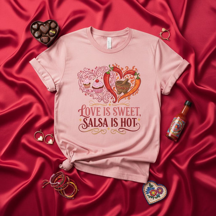Love Is Sweet Salsa Is Hot Shirt, Spicy Valentine's Day T-Shirt, Hot Sauce Chili Pepper Graphic Tee, Foodie Couple Gift, Unisex Pink Cotton Shirt