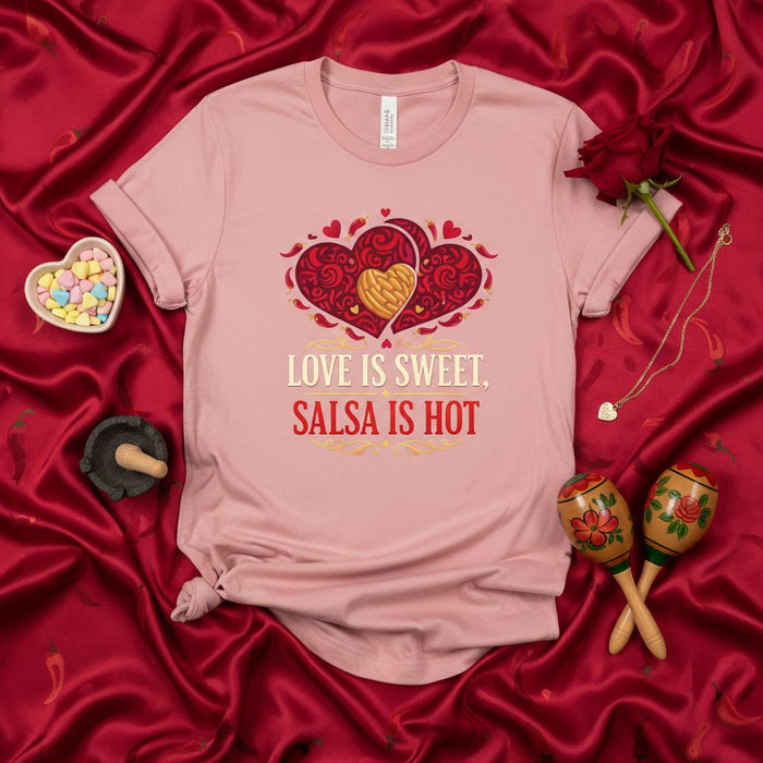 Love Is Sweet Salsa Is Hot Shirt, Spicy Food Dancing Heart Tee, Valentine's Day Mexican Food Lover Gift, Funny Hot Sauce Latin Dance T-Shirt