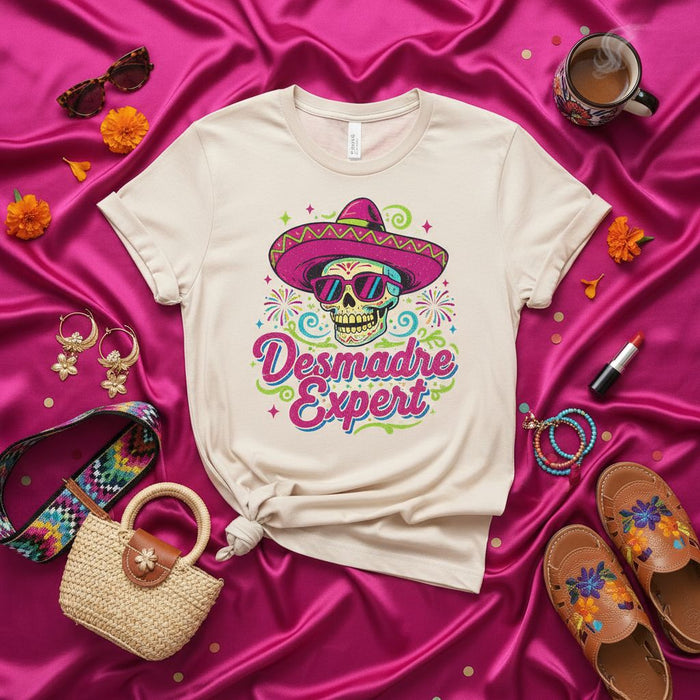 Desmadre Expert T-Shirt with Sugar Skull in Sombrero, Funny Mexican Fiesta Party Tee, Cinco de Mayo or Day of the Dead Shirt, Unisex Gift Idea