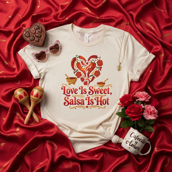 Love Is Sweet, Salsa Is Hot T-Shirt | Heart Chili Peppers & Roses Graphic Tee | Funny Valentine's Day Mexican Food Lover Gift | Unisex Shirt with Maracas & 'Cafecito y Amor' Theme