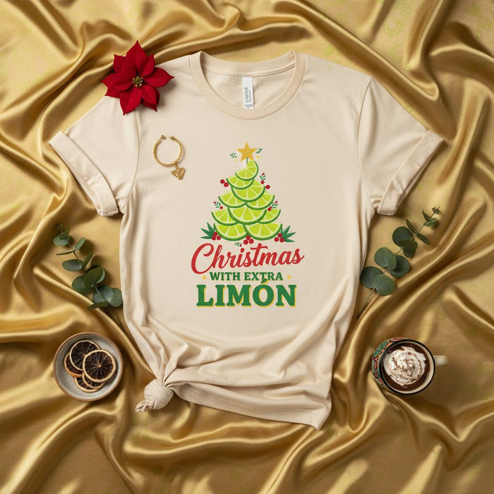 Christmas with Extra Limon T-Shirt, Funny Holiday Lime Margarita Drink Tee, Unisex Mexican Fiesta Xmas Party Shirt, Unique Citrus Poinsettia Gift Idea